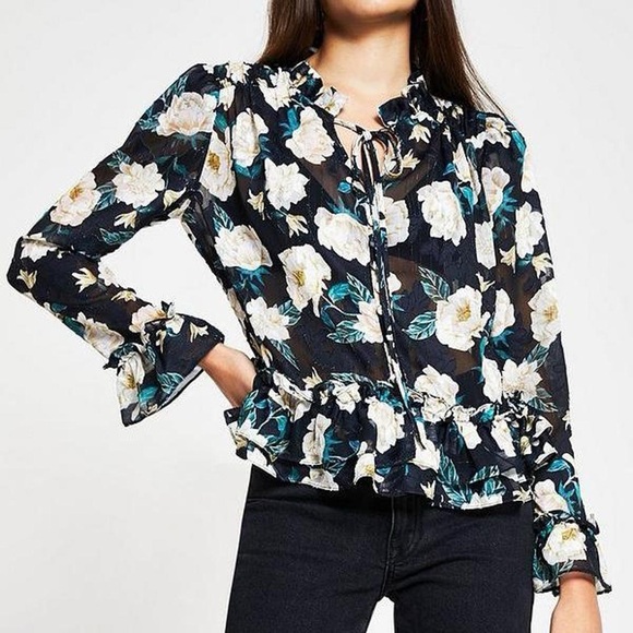 River Island Long Sleeve Black Floral Blouse, Tie, Ruffle Hem, Sheer | Sz 12 - Picture 1 of 5